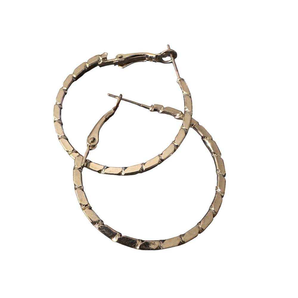 Silver‎ Tone Textured Bamboo Hoop Earrings Round Latch Back Statement Jewelry